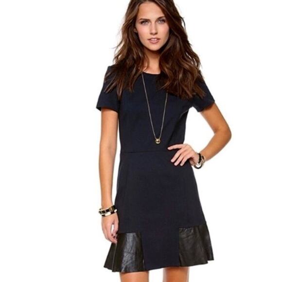 Club Monaco Black Navy Dress 12 Mini Chic Leather Trim Cocktail - Picture 1 of 9